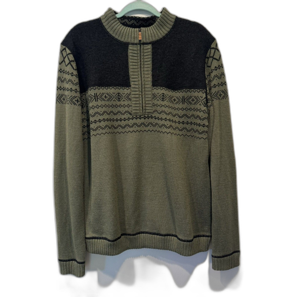 Obermeyer Sweater Merino Wool Fair Isle Quarter Zip Olive Green Men’s Large